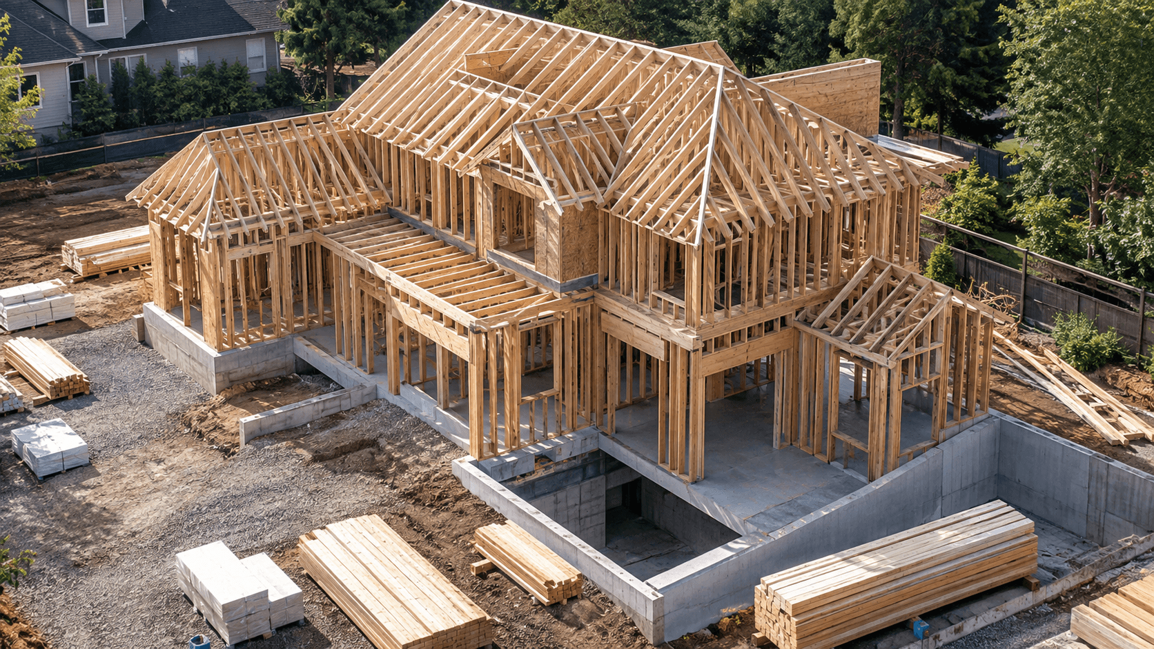 Aerial view of a single-family home during structural framing