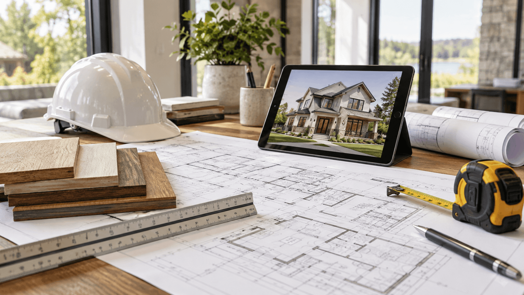 Residential construction plans on a planning workspace